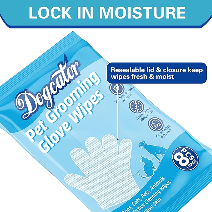 Dog Glove Wipes for Cleaning Paws Butt | Pet Grooming Deodorizing Dog Ear Glove Wipes | Fragrance Free Natural Puppy Glove Wipes | Soothes Itchy Dry Skin | 8 Count