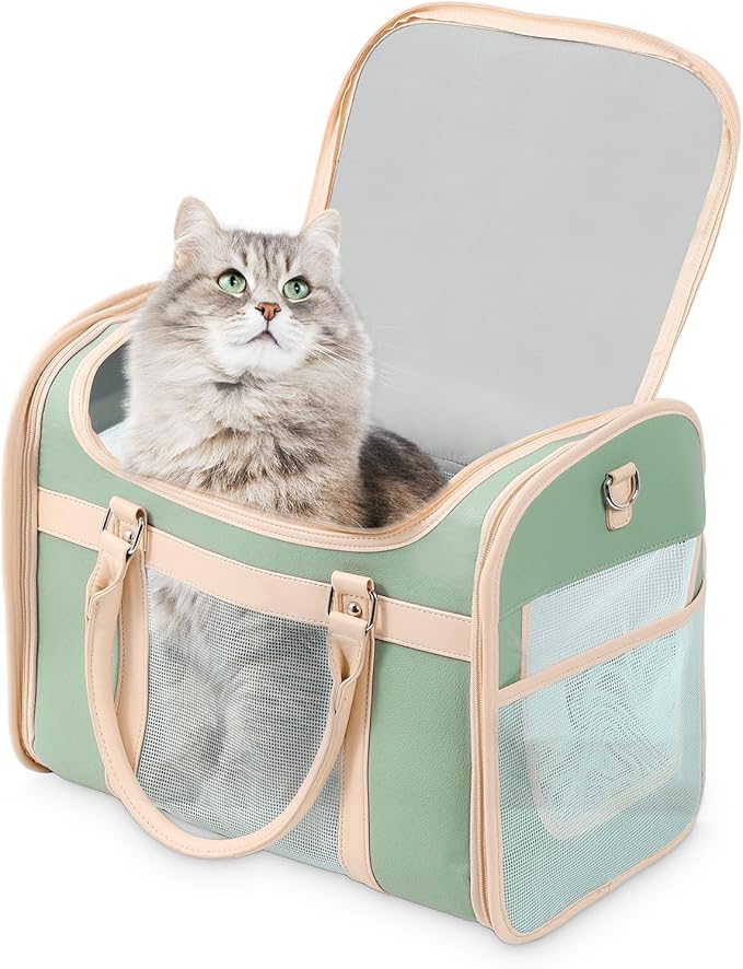 Cat and Dog Tote Bag for Medium Sized Cats up to 15 LBS, Foldable, Most TSA Airline Approved Carrier Soft Sided,Tote/Shoulder Pack,Cute cat Carrier——Avocado Green