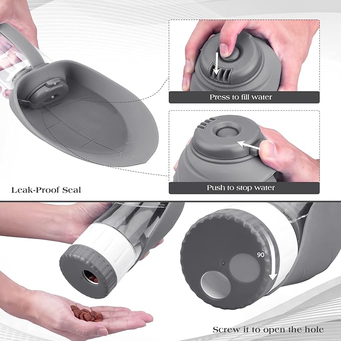 Dog Water Bottle Dispenser for Walking, Pet Water Feeder Container portable with Drinking Cup Bowl Outdoor Hiking, Travel Large Grey