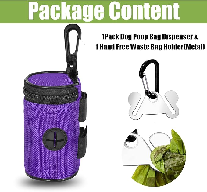 Dog Poop Bag Holder for Leash Attachment - Waste Bag Dispenser for Leash - Fits Any Dog Leash - Portable Set with Hand Free Holder Metal Carrier, Round Shape, Purple