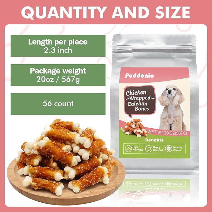 Dog Treats, 2.3 Inch Chicken Wrapped Calcium Bones, Rawhide Free Dog Chews Natural and Chewy Dog Treats, Dog Training Snacks for Small Dogs, 20 oz