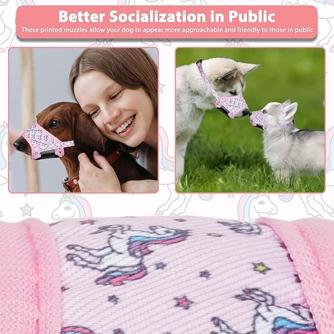 LUCKYPAW Dog Muzzle, Soft Dog Muzzles for Small Medium Large Dogs, Breathable Muzzles to Stop Biting and Chewing with Pattern, Allows Panting and Drinking(Pink Unicone,M)