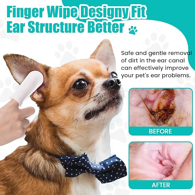 2-Pack Teeth and Ear Cleaner Finger Wipes, Dog and Cat Grooming Kit, Soothing Odor Control, Reduces Dirt and Wax Buildup, Cleans Teeth and Reduces Tartar and Odor, 100 Tablets