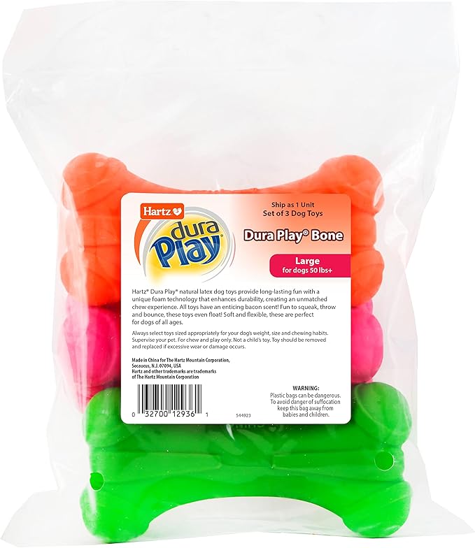 Hartz DuraPlay Bone Squeaky Latex Dog Toy, Large, 3 Pack