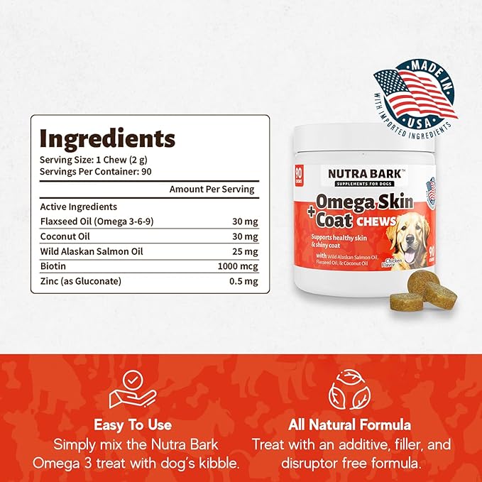 Omega Skin + Coat Chews for Dogs | with Wild Alaskan Salmon Oil | Flaxseed Oil | Coconut Oil | for Healthy Skin and Coat | Itch Relief for Dogs with Allergies | 90 Soft Chews