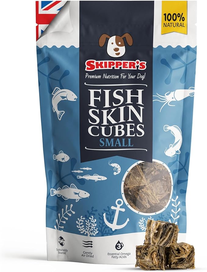 SKIPPER'S Cod Fish Skin Small Jerky Cubes - Gently Air Dried Single Ingredient Cod Skin Dog Treats, Rich in Omega 3 & Grain Free Crunchy Bites, Hypoallergenic & Gluten Free | Great for Teeth (2.5 Oz)