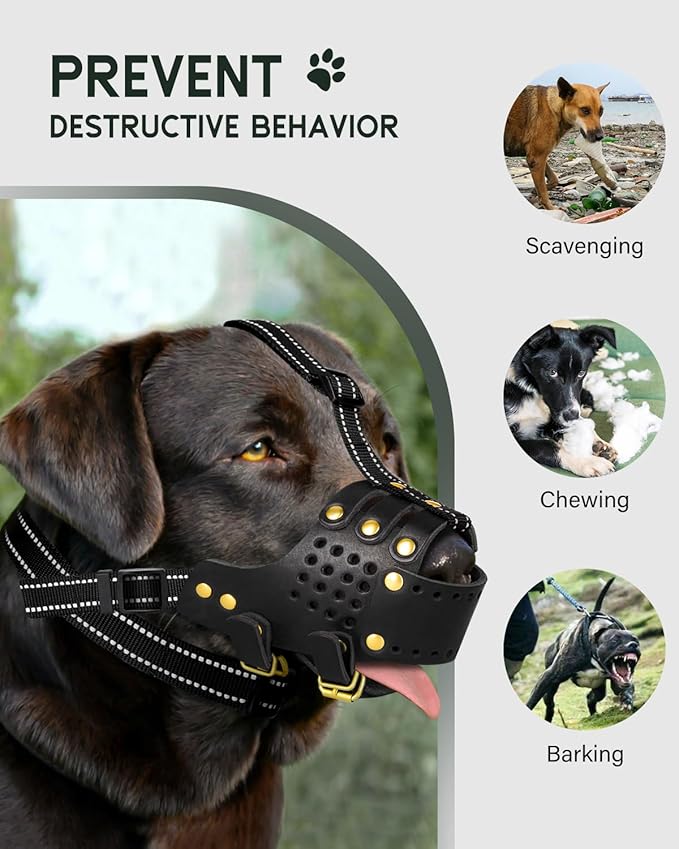 Dog Muzzle, Anti-Escape Leather Basket Muzzle for Medium and Large Dogs, Pitbull Dog Muzzle Leather Amstaff Muzzles Staffordshire Terrier Secure Basket, Prevents Biting, Barking and Chewing(Black,XL)