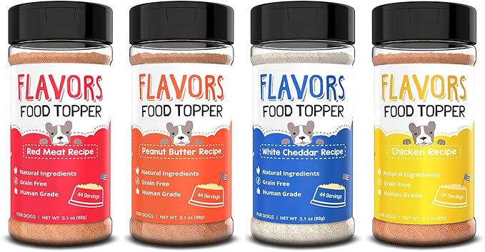 Flavors Food Topper for Dogs - All 4 Recipes Gift Pack - Natural, Grain Free - Perfect Seasoning, Gravy, and Kibble Sprinkle for Picky Dog- 3.1oz Bottles