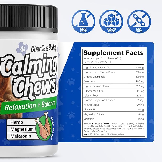 Charlie & Buddy Calming Chews for Dogs, Dog Anxiety Relief, Promote Relaxation, Dog Calming Chews with Melatonin for Dogs, Chamomile, Magnesium Citrate, 90 Soft Chews, Duck Flavor