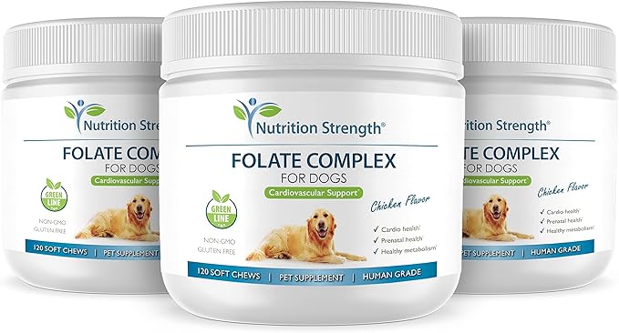 Folate for Dogs to Promote Cardiovascular & Prenatal Health, Support DNA Synthesis & Cell Maintenance, Folic Acid for Dogs with Zinc, Biotin, Iron & Vitamin B12, 120 Soft Chews