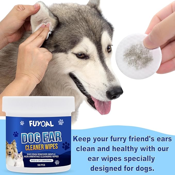 Dog Ear Wipes, 2 Packs 260 Counts Unscented to Stop Ear Itching & Soothes & Deodorizes, FUYOAL Ear Wipes Cleaner for Dogs Cats Pet Puppy Large Small Breed, Dog Ear Treatment Cleaning Wipes