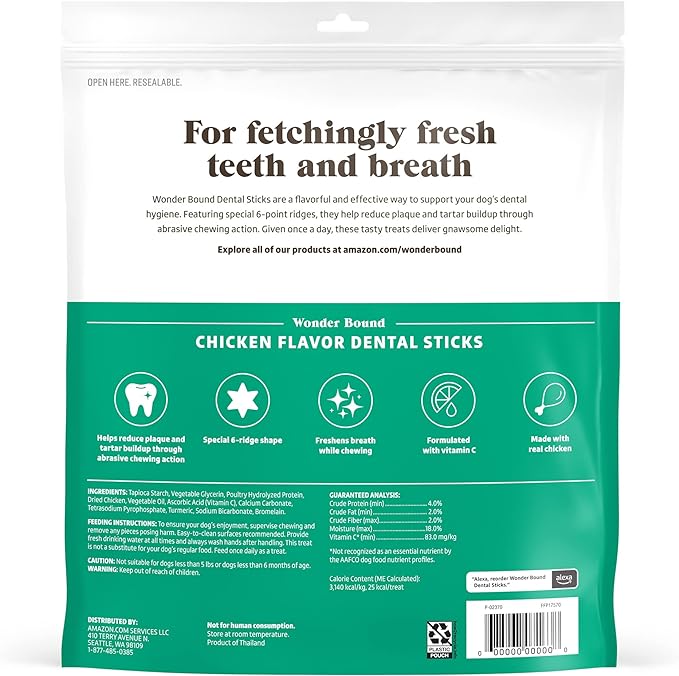 Amazon Brand - Wonder Bound Chicken Flavor Dental Sticks for Tiny Dogs (5-20 lbs), 6-Ridge Shape for Plaque & Tartar Control, Freshens Breath, Made With Real Chicken, 108 Count (Pack of 1)
