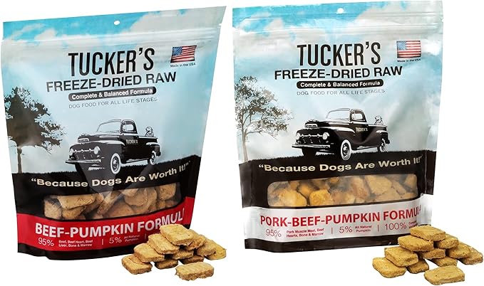 Tucker's Raw Frozen Freeze Dried Raw Dog Food, Beef & Pumpkin Formula and Pork, Beef Variety Pack of 2