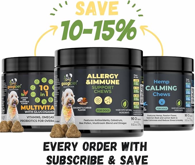Googipet Dog Allergy Chews -Dog Allergy Relief & Itchy Skin Relief -Dog Skin & Coat Supplement +Bee Pollen, Colostrum for Dogs, Coconut Oil, Probiotics, & Omega 3 Fish Oil for Dogs Itching Skin Relief