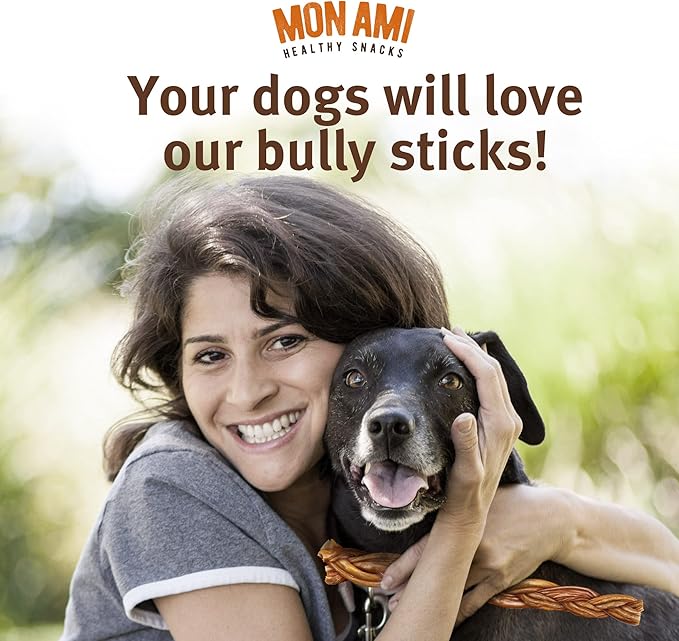 Mon Ami Braided Bully Sticks for Large and Small Dogs (11-12 inches, Pack of 8) - Made from Grass Fed Beef Dog Treats - Natural Bully Sticks - Grain Free & High Protein Dog Snack