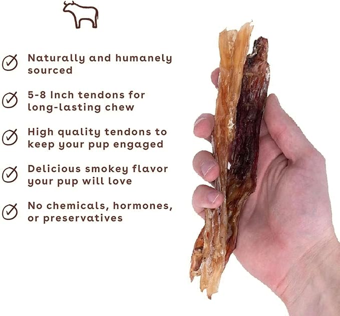 Pupford Beef Tendon Chews for Dogs | Cleans Teeth, Teaches Proper Chewing & Contains Glucosamine to Help Joints | Extra Thick, Long-Lasting, Natural Ingredients, Low Calorie (Standard, 10 Count)