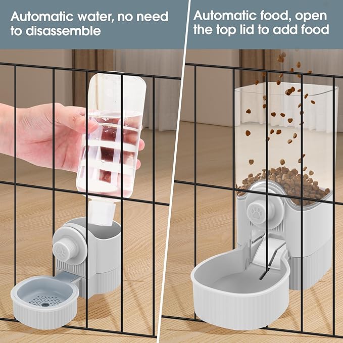 Hanging Cage Automatic Small Pet Food Bowl Water Bottle Dispenser, Detachable Auto Gravity 1.2L Self-Feeding Feeder and 0.52L Waterer Set Kennel Feeding Station for Puppy Cats Rabbit(Grey)