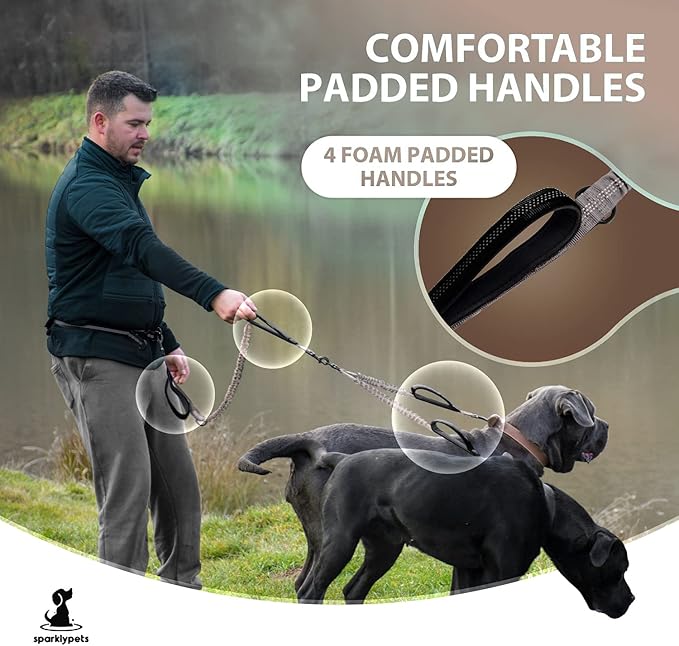 SparklyPets Hands Free Double Dog Leash – Dual Dog Leash for Medium and Large Dogs – Dog Leash for 2 Dogs with Padded Handles, Reflective Stitches, No Pull, Tangle Free (Brown, for 2 Dogs)