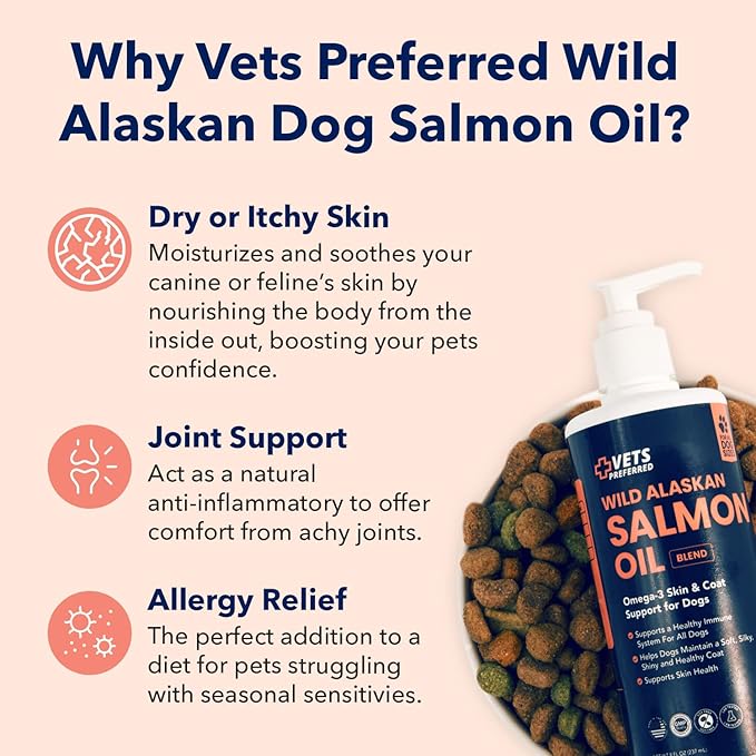 Vets Preferred Wild Alaskan Salmon Oil for Dogs – Skin and Coat - Premium Omega 3 Fish Oil for Healthy Dog Coat – Immune Support and Heart Health – All Natural – Rich in EPA and DHA