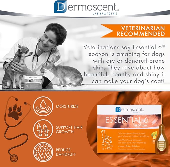 Dermoscent Essential 6 spot-on - Dog Skin Care for Dandruff & Allergy Relief with Vitamin E Oil - Anti Itch for Dogs - Dog & Small Mammals 0-10 kg - 4 Pipettes of 0.6 ml