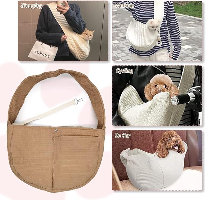 NATUYA Small Dog Carrier Sling for Small Dogs Puppy Cat - Big Pouch Safety Leash Pet Sling Carrier for Walking Outdoor Travel (Brown Long Strap, Canvas)