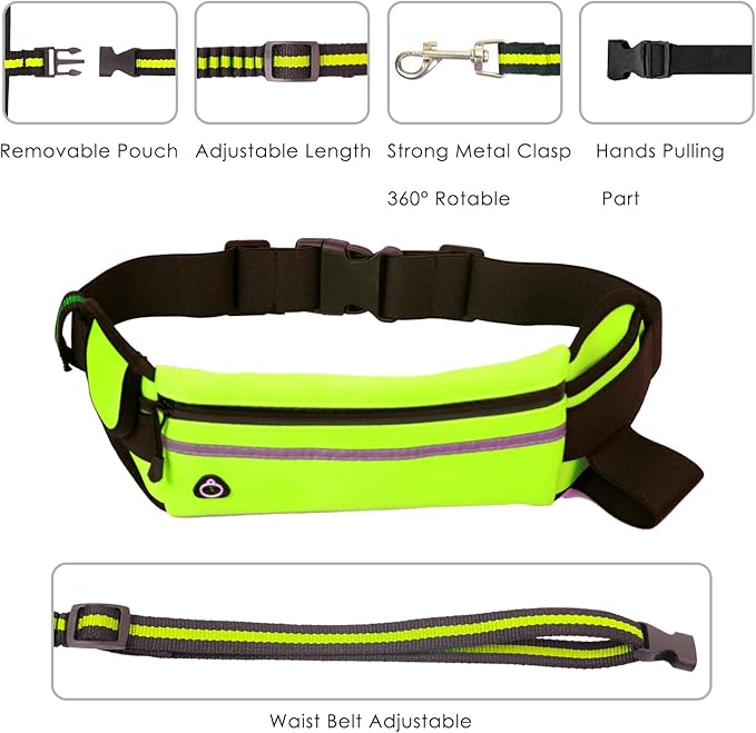 Hands Free Dog Leash, Green Dogs Leash Hands Free for Small Large Dogs with Waterproof Zipper Pouch Reflective Durable Adjustable Waist Belt with Handle Bungee for Dog Walking Jogging