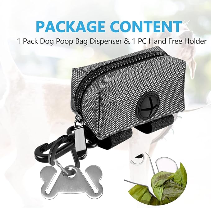 Dog Poop Bag Holder for Leash Attachment Dog Poop Bag Dispenser Dog Waste Bag Dispenser for Leash Accessory Portable Set Fit Dog Leash - Dog Poop Bags Holder & 1 Hand Free Holder Metal Carrier, Grey