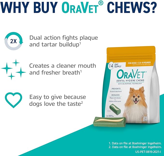ORAVET Dental Chews for Dogs, Oral Care and Hygiene Chews (Extra Small Dogs, 3.5-9 lbs.) Yellow Pouch, 14 Count