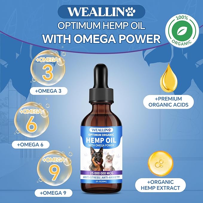 Hemp Oil for Dogs and Cats, rich in Omega 3, 6, 9 and Organic Extract Helps Pets with Anxiety, Pain, Skin and Coat Health, Stress, Hip and Joint Support, Pet's Calming Treat (1 Pack)