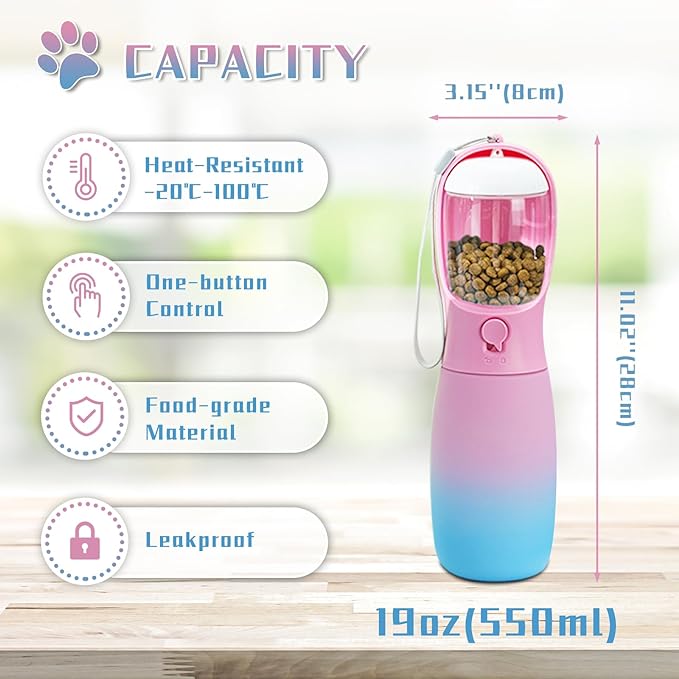 Dog Water Bottle, 19Oz Large Capacity Portable Dog Water Bowl, Food Grade Drinking Feeder & Dish Bowl, Unique Puppy Essentials for Outdoor Walking Traveling, Dog Gifts (Pink&Blue)