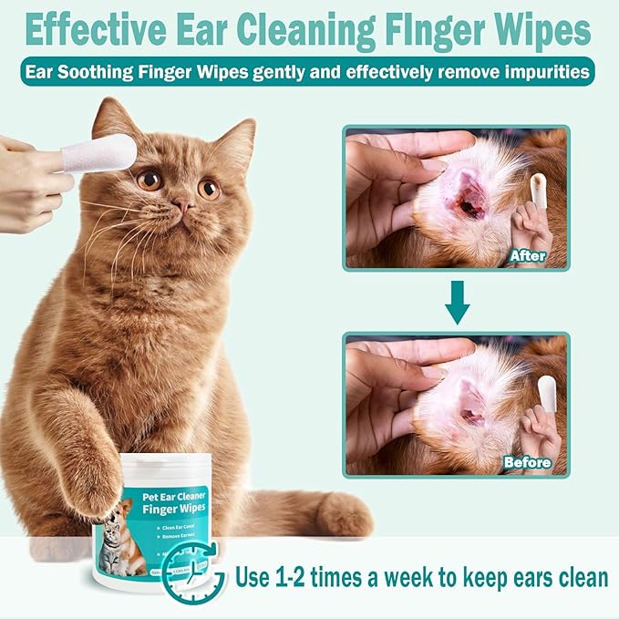Pet Ear Wipes, Ear Cleaner Finger Wipes for Cats and Dogs, Soft & Easy Otic Cleaning Pads, Pet Supplies for Regular Soothing Odor Control Reduce Dirt Wax Earwax Buildup,50 Counts