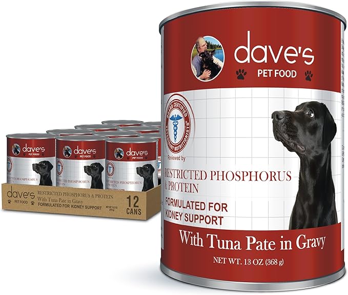 Dave's Pet Food Kidney Support for Dogs with Renal Support (Tuna Pate), Wet Renal Dog Food, Non-Prescription Low Phosphorus, Added Vitamins & Mineral, Vet Formulated (13.2 oz, Pack of 12)