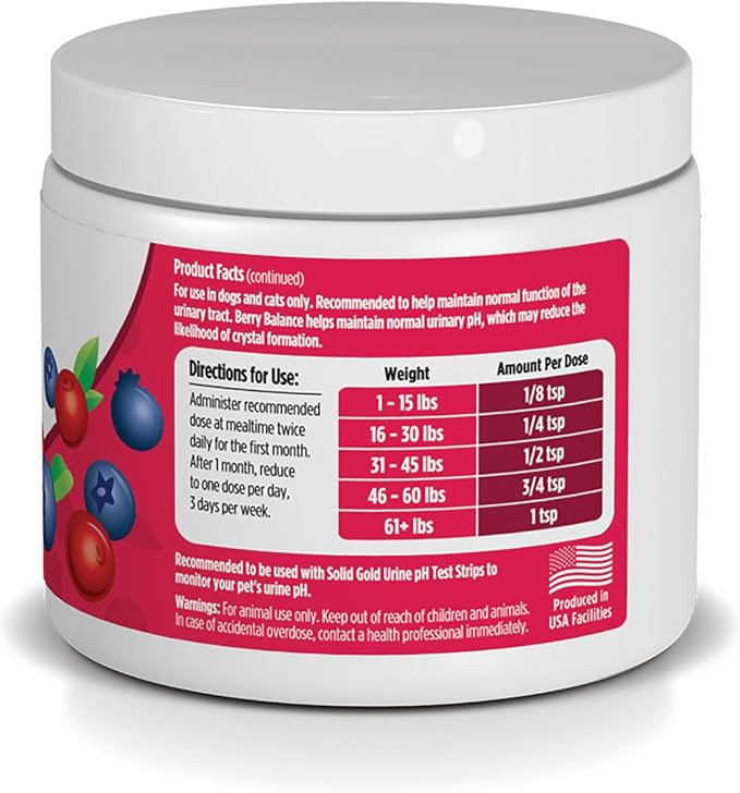 Solid Gold Cranberry Supplement for Dogs & Cats for Urinary Tract Health - Berry Balance UTI + Bladder + Kidney Support for Cats and Dogs with Antioxidants - Cranberry Powder - 3.5 oz