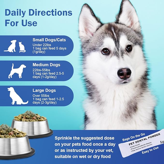 CuteBone Pet Dental Powder 20 Bags On The Go- Natural Oral Care Formula for Dogs & Cats, Freshens Breath, Reduces Plaque & Tartar, Promotes Healthy Gums, Easy-to-Use Teeth Powder, 0.176 oz, 20 Pack