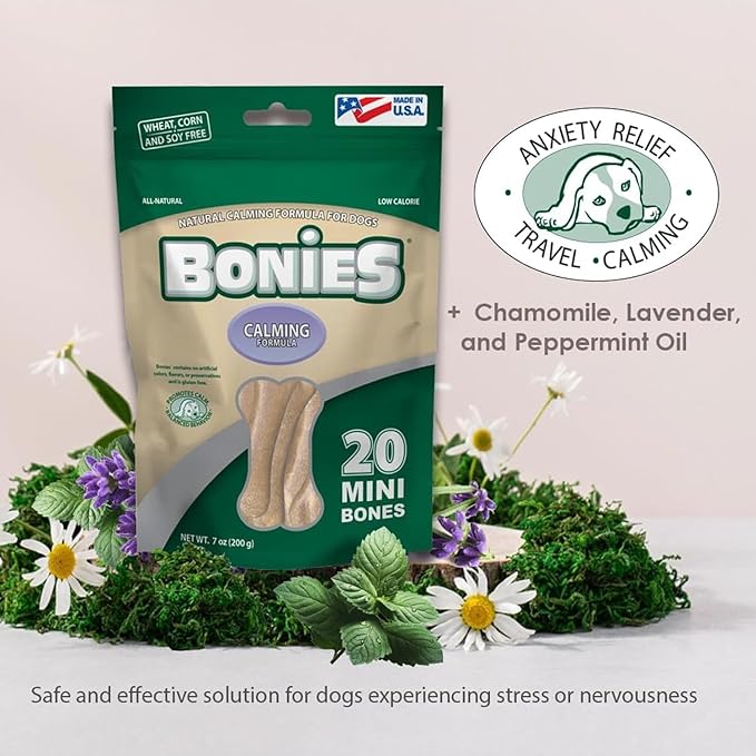 Bonies Natural Calming Formula Dog Treats, Contains Chamomile & Lavender, Help Anxiety, Excessive Barking & Trembling, Chicken Flavor, Medium, 8 Bones