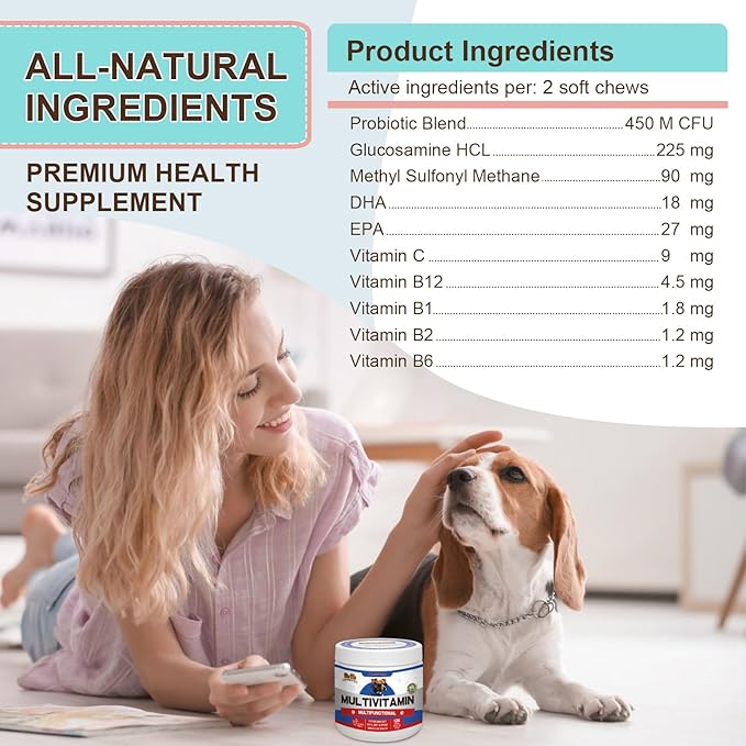 Multivitamin Dog Supplement with Glucosamine, Probiotics, Fish Oil - Promotes Healthy Skin and Coat, Supports Joint Health, Allergy Relief and Digestive Function (Chicken Flavor 120 Ct)…