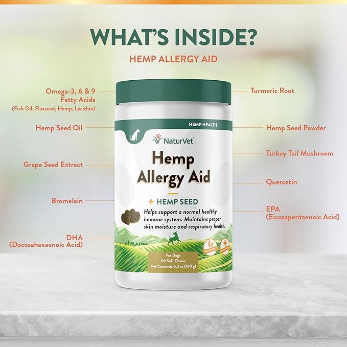 NaturVet Hemp Allergy Aid Supplement for Dogs, Hemp Seed, Antioxidants, Omegas, Dha & Epa for Healthy Skin & Respiratory Health, 60 Count