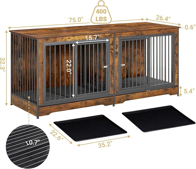 75'' Double Dog Crate Furniture for 2 Large Dogs, Heavy Duty Dog Crate, Furniture Style Dog Crate End Table, Wood Crates for Dogs Kennel Indoor, Decorative Dog Crate with Double Door, Brown