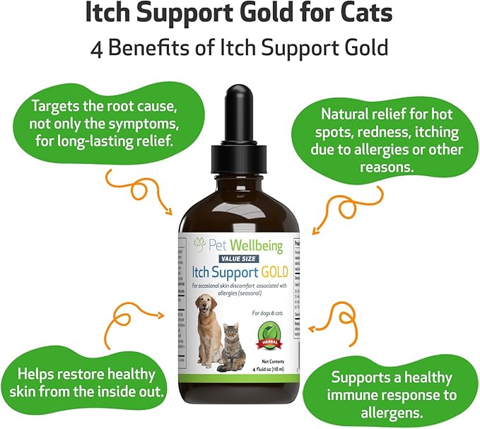 Pet Wellbeing Itch Support Gold for Dogs & Cats - Vet-Formulated - Itchy Skin & Paws, Hot Spots, Skin Allergies - Natural Herbal Supplement 4 oz (118 ml)
