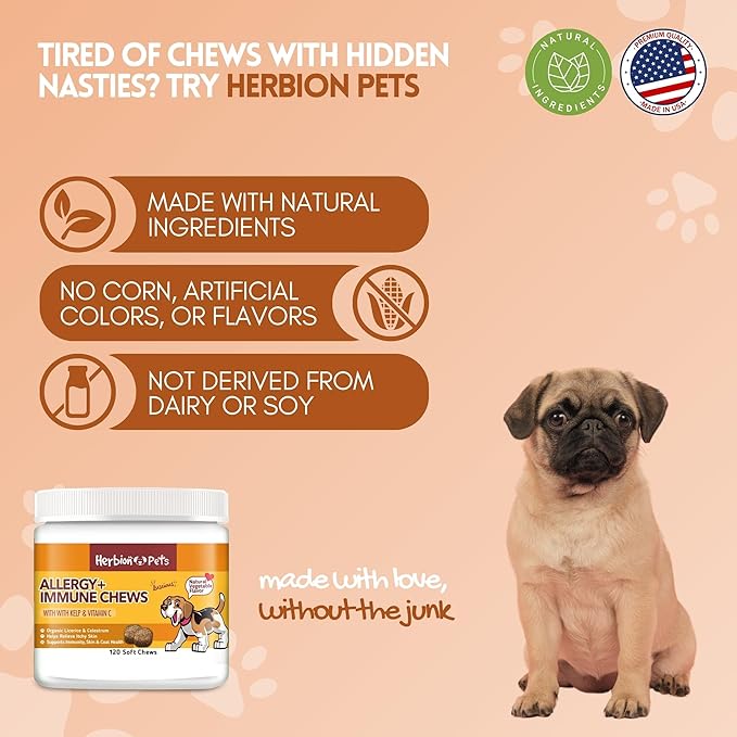 Herbion Pets Allergy + Immune Chews with Kelp & Vitamin C, 120 Soft Chews - Supports Immunity, Skin and Coat Health - Relieves Itchy Skin - Made in USA - Natural Vegetable Flavor - for Dogs 12 Weeks+