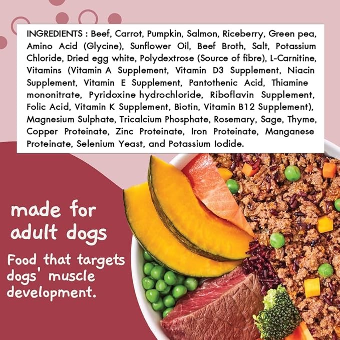 MOOCHIE Home Cooked Superfood Natural Wet Dog Food Recipe - Fit & Firm - Made with Beef, Salmon, and Riceberry - No Added Preservatives or Artificial Flavoring - 9 oz x 6 Pouches