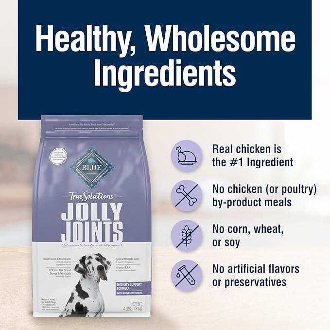 Blue Buffalo True Solutions Jolly Joints Adult Dry Dog Food, Supports Joint Health and Mobility, Made in the USA with Natural Ingredients, Chicken, 4-lb. Bag