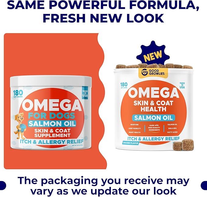 Omega 3 Fish Oil for Dogs (180 Ct) - Skin & Coat Chews - Dry & Itchy Skin Relief + Allergy Support - Shiny Coats - EPA&DHA Fatty Acids - Natural Salmon Oil Chews Promotes Heart, Hip & Joint Support