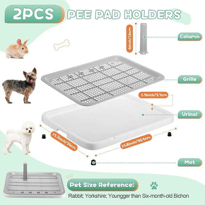 2 Pack Puppy Pee Pad Holder Easy Clean Dog Potty Tray with Diversion Column Nonslip Heighten Dog Litter Box Corner Floor Protection Portable for Small Medium Dog Indoor, White(20x15x1.5 Inch)