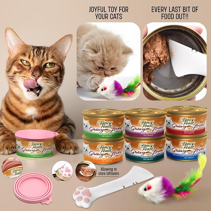 Fancy Feast Wet Cat Food Gravy, Grain Free Chicken Hearts & livers, Turkey, Beef and Seafood Variety Bundle (Pack of 18) 3oz. Cans & 1 Exclusive kit (1x can Sealer, 1x can Opener, 1x Mouse Toy)