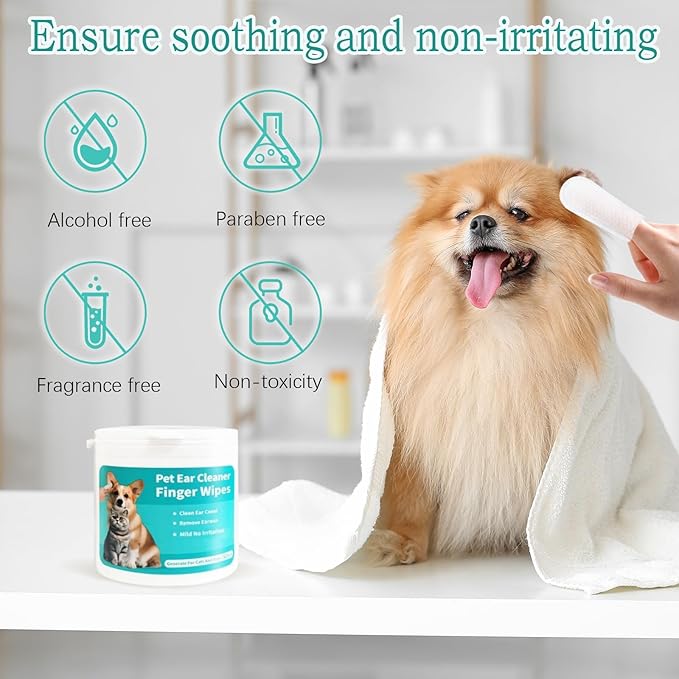 Pet Ear Wipes, Ear Cleaner Finger Wipes for Cats and Dogs, Soft & Easy Otic Cleaning Pads, Pet Supplies for Regular Soothing Odor Control Reduce Dirt Wax Earwax Buildup,50 Counts