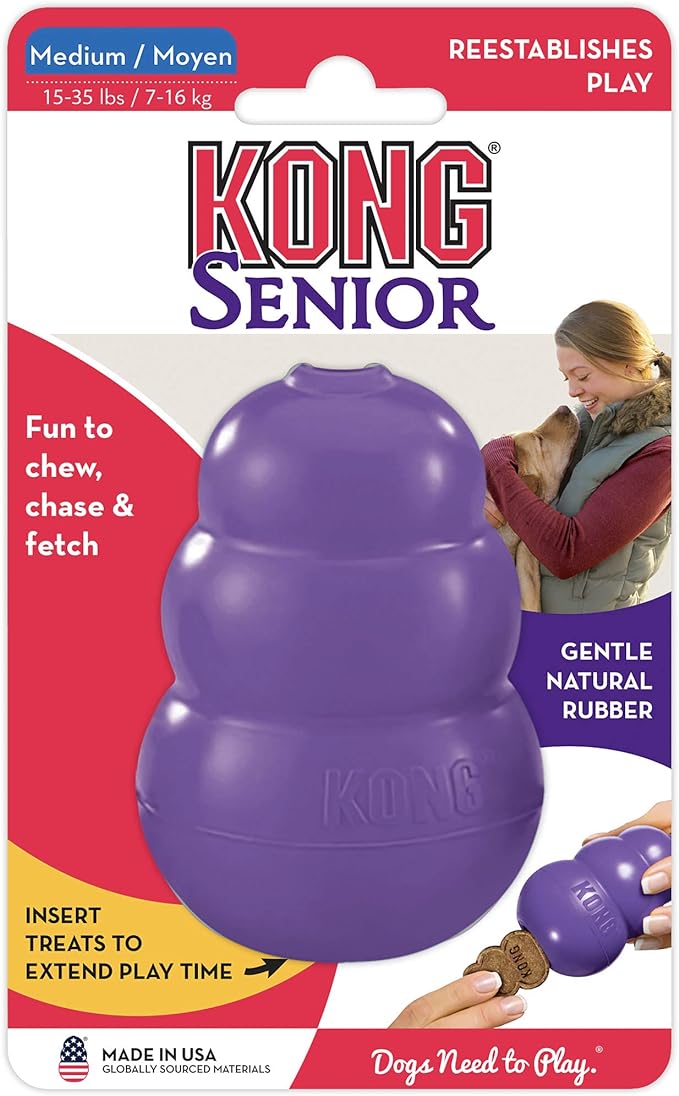 KONG Senior - Dog Toy with Gentle, Natural Rubber - Durable Dog Toy for Older Dogs - Use Treats with Stuffable Chew Toy - Treat Toy for Chewing & Fetching - for Medium Dogs