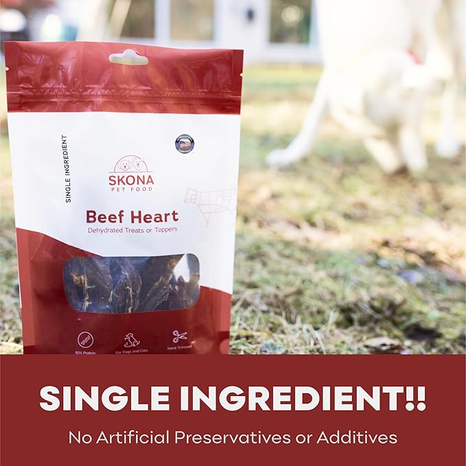 Skona Single-Ingredient Beef Heart Jerky | Treats for Dogs & Cats (4oz) | Healthy, Grain-Free, USA Made | Promotes Digestion, Dental Care, Taurine Boost