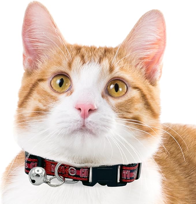 MLB CAT Collar Cincinnati Reds Satin Cat Collar Baseball Team Collar for Dogs & Cats. A Shiny & Colorful Cat Collar with Ringing Bell Pendant