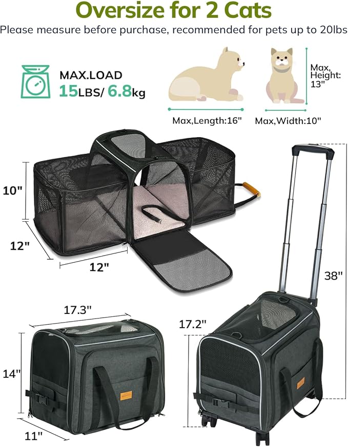Morpilot Cat Carrier with Wheels - Cat Carrier Soft & Expandable, Rolling Dog & Cat Carrier for Medium Cats and Dogs Under 15LBS, Pet Carrier with Wheels on Upgraded Wheels and Telescopic Handle